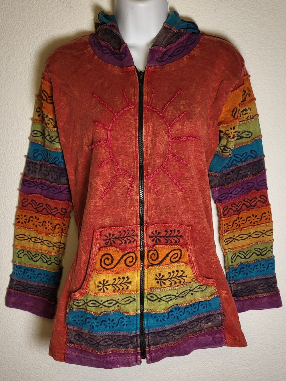 Greater Good Network Made in Nepal Colorful Patch Embroidered Hoodie size Small